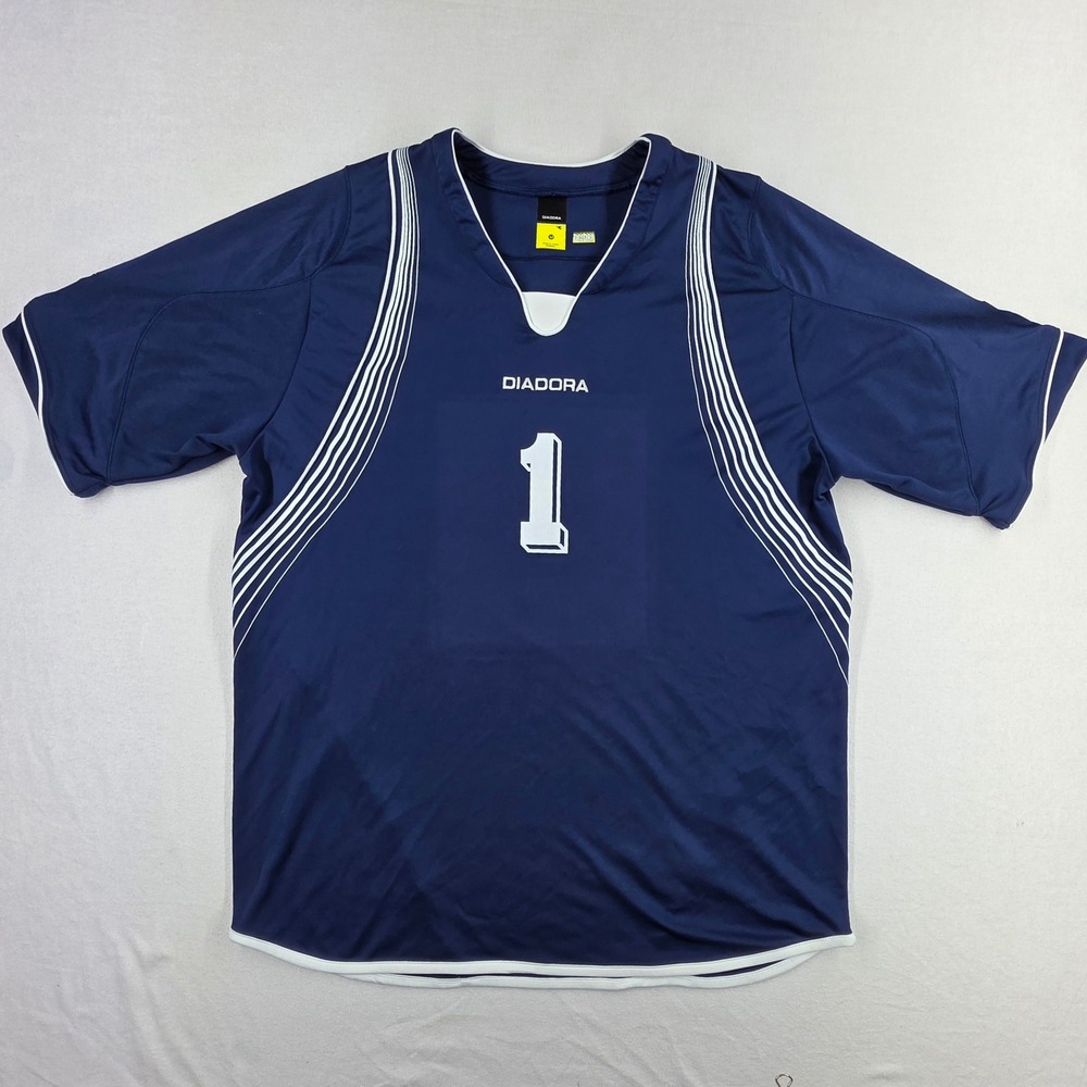Diadora Soccer Jersey Mens Medium Navy Blue White Number 1 Short Sleeve Athletic